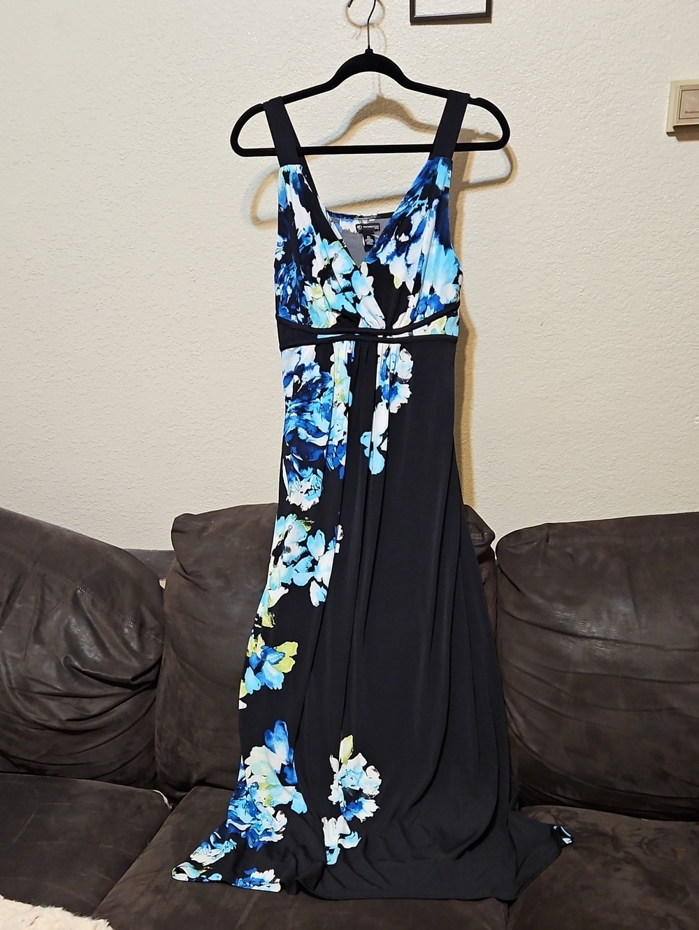 new directions Black Maxi Dress with Blue and White Floral Accents